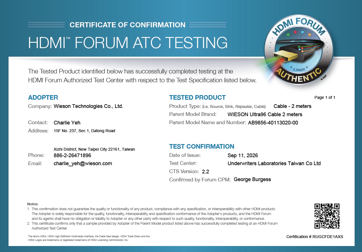 WIESON Ultra96 Cable Certified by HDMI Forum ATC